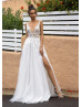 V Neck Ivory Lace Tulle Side Slit Wedding Dress